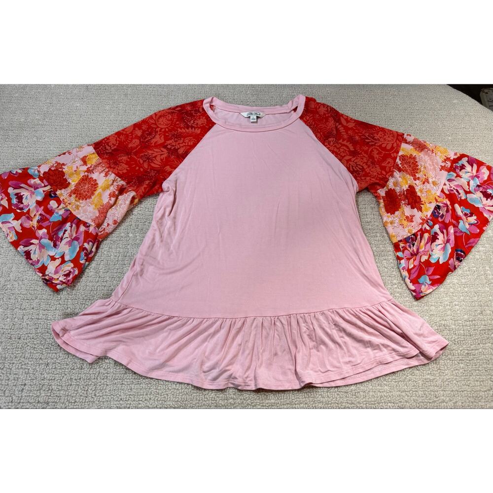 Pioneer Women Women’s Large Mixed Print Floral Pink Red Boho Flare Long Sleeves